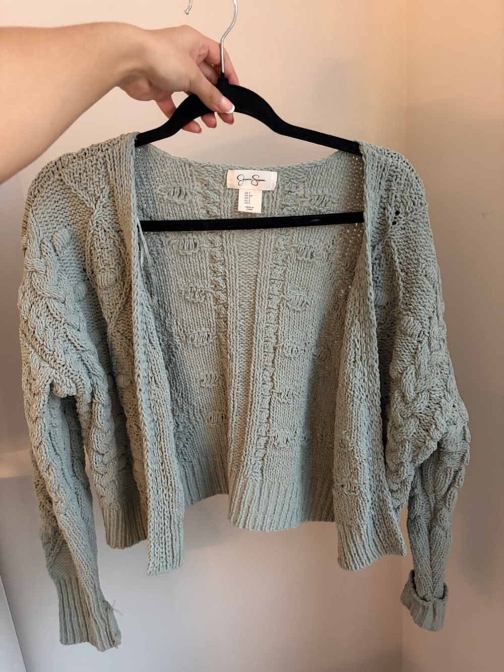 Jessica Simpson Open-Front Cable Knit Cardigan - Sage Blue - Picture 3 of 4